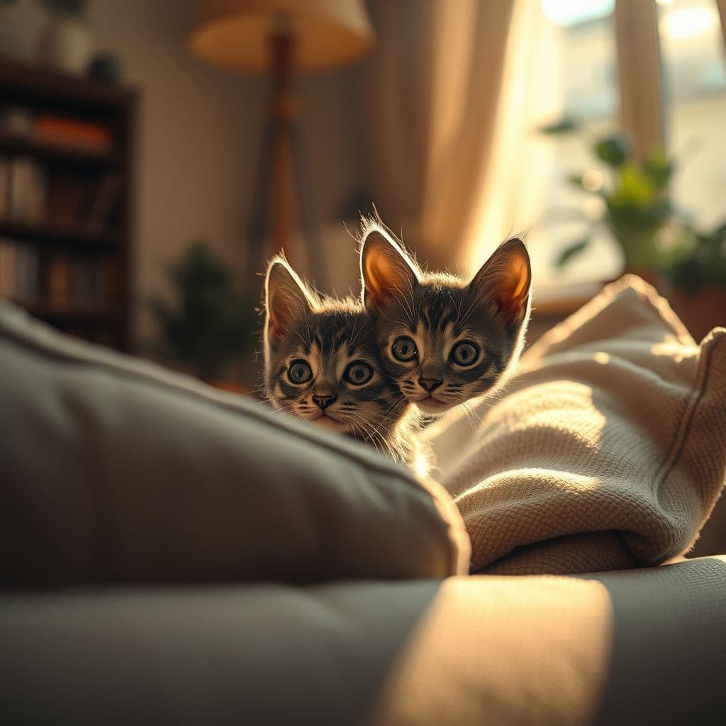 Gatito observando atentamente unos pies en movimiento desde su escondite