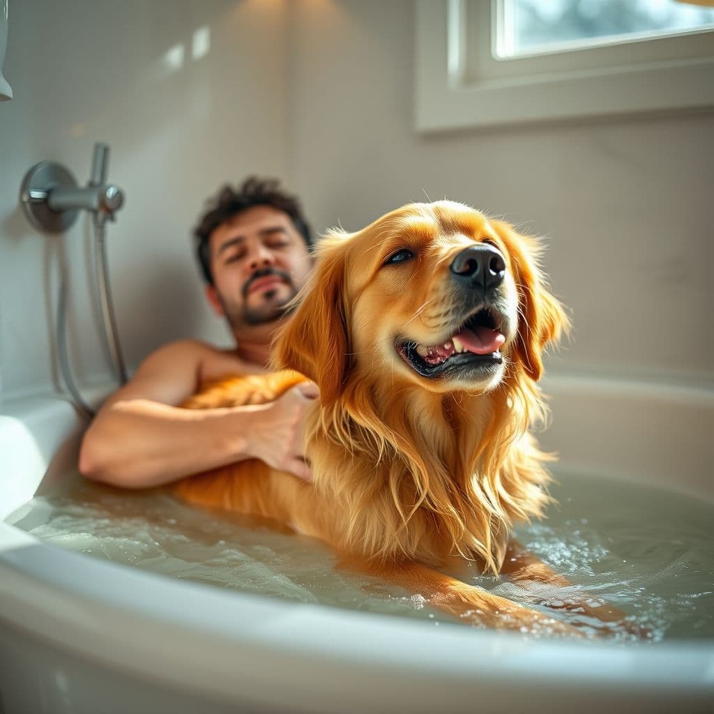 Perro feliz siendo bañado en casa con cuidado y amor por su dueño.