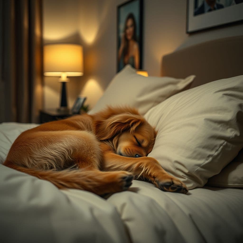 Perro adulto dorado durmiendo plácidamente en su cama acogedora por la noche