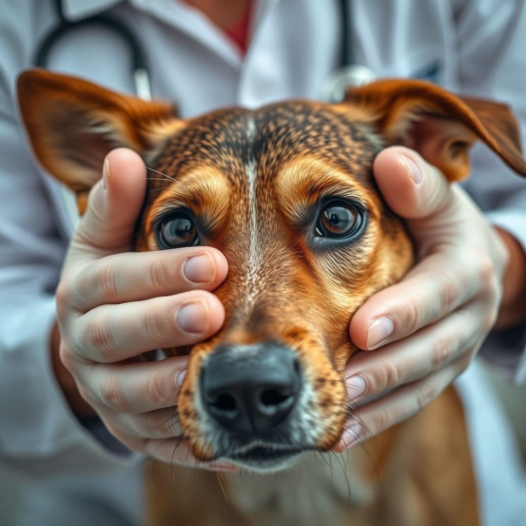 Dueño revisando pupilas y respiración de perro tras caída