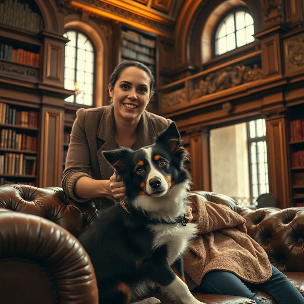 Dueño guiando perro con correa lejos del sofá con técnica suave