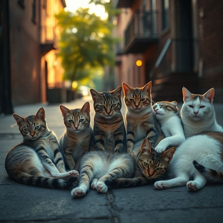 Grupo de gatos comunitarios descansando juntos de forma pacífica en un entorno urbano.