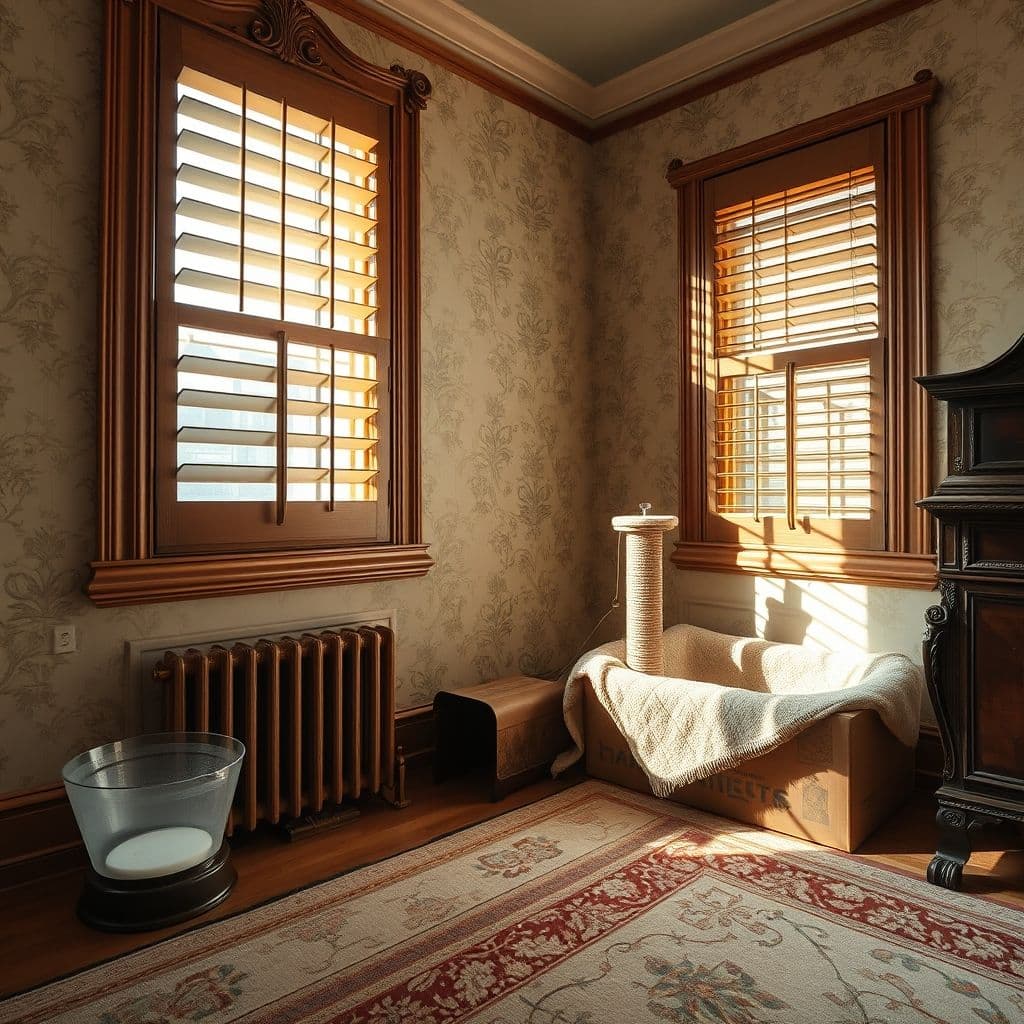 Habitación preparada para la cuarentena de un gato nuevo, con comida, agua, arenero y caja de cartón separados