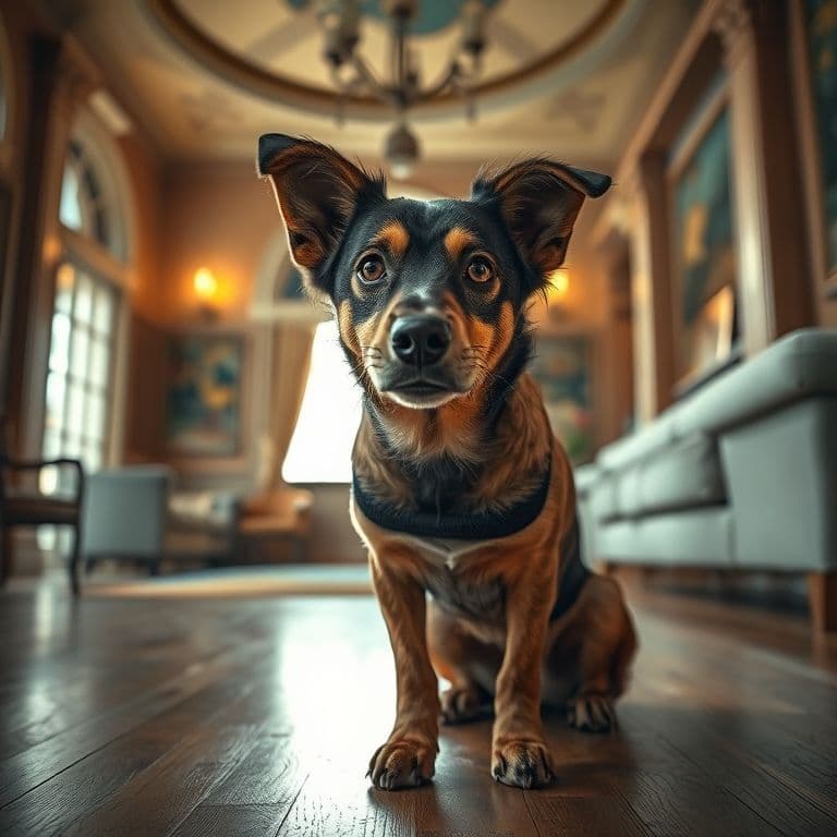 Perro de raza mixta con expresión traviesa mirando un calcetín en el suelo de una sala de estar