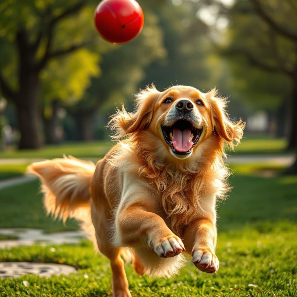 Perro jugando con una pelota en el parque, mostrando expresión alegre.