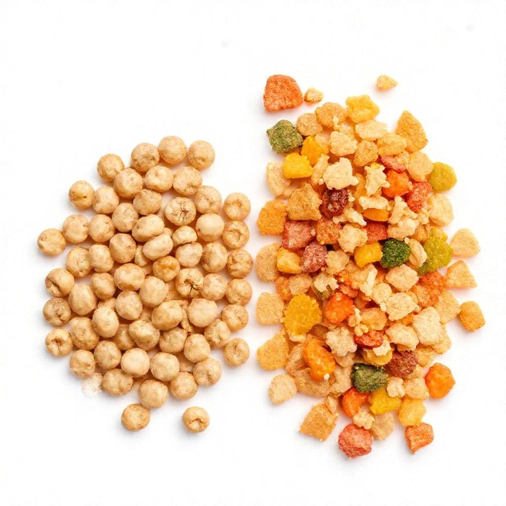 Comparación visual de pienso Oxbow vs pienso genérico de baja calidad