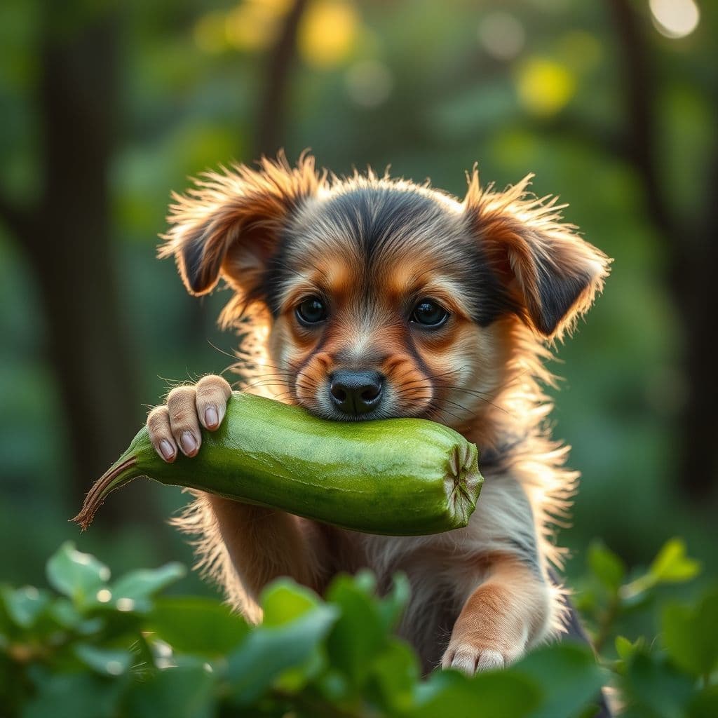 Cachorro mordiendo una zanahoria entera con expresión curiosa