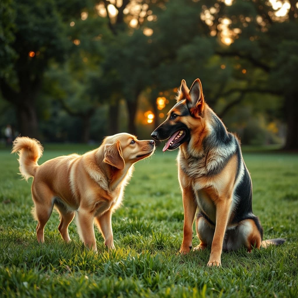 Dos perros interactuando en un parque bajo supervisión humana