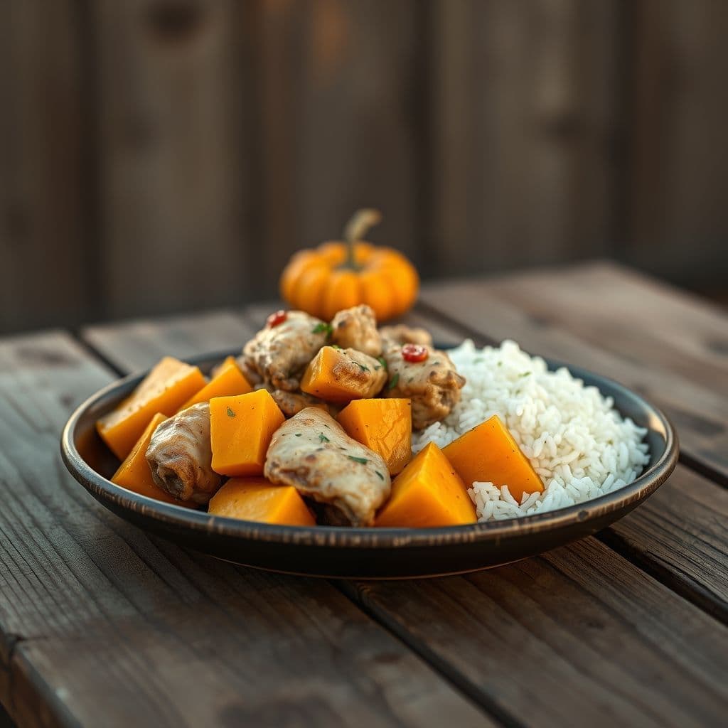 Plato con pollo, calabaza y arroz para cachorros