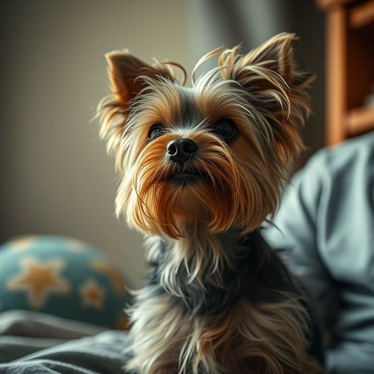Dueño calmando a un perro Yorkshire Terrier durante un estornudo inverso en casa
