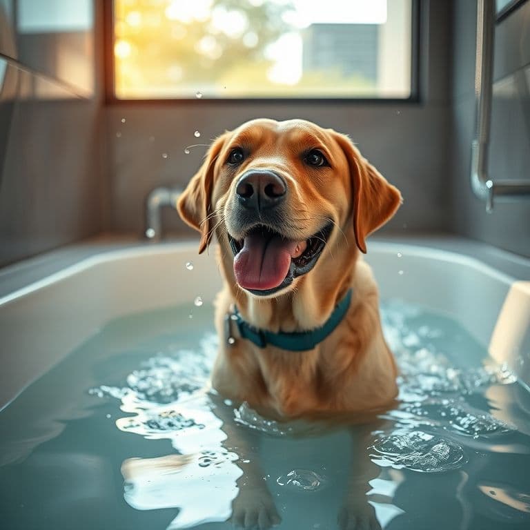 Perro disfrutando de un baño medicado en una bañera especial para mascotas