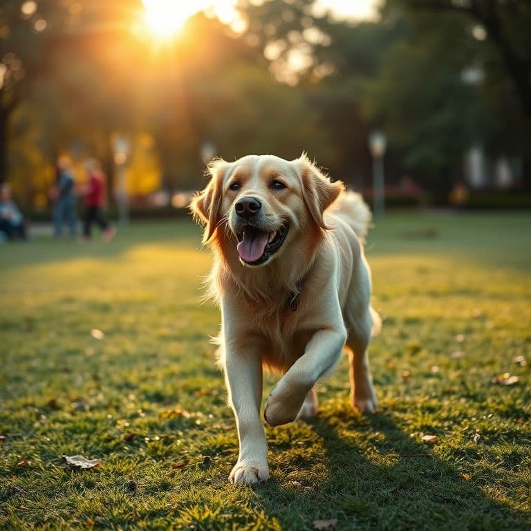 Perro feliz explorando durante un paseo largo en un parque