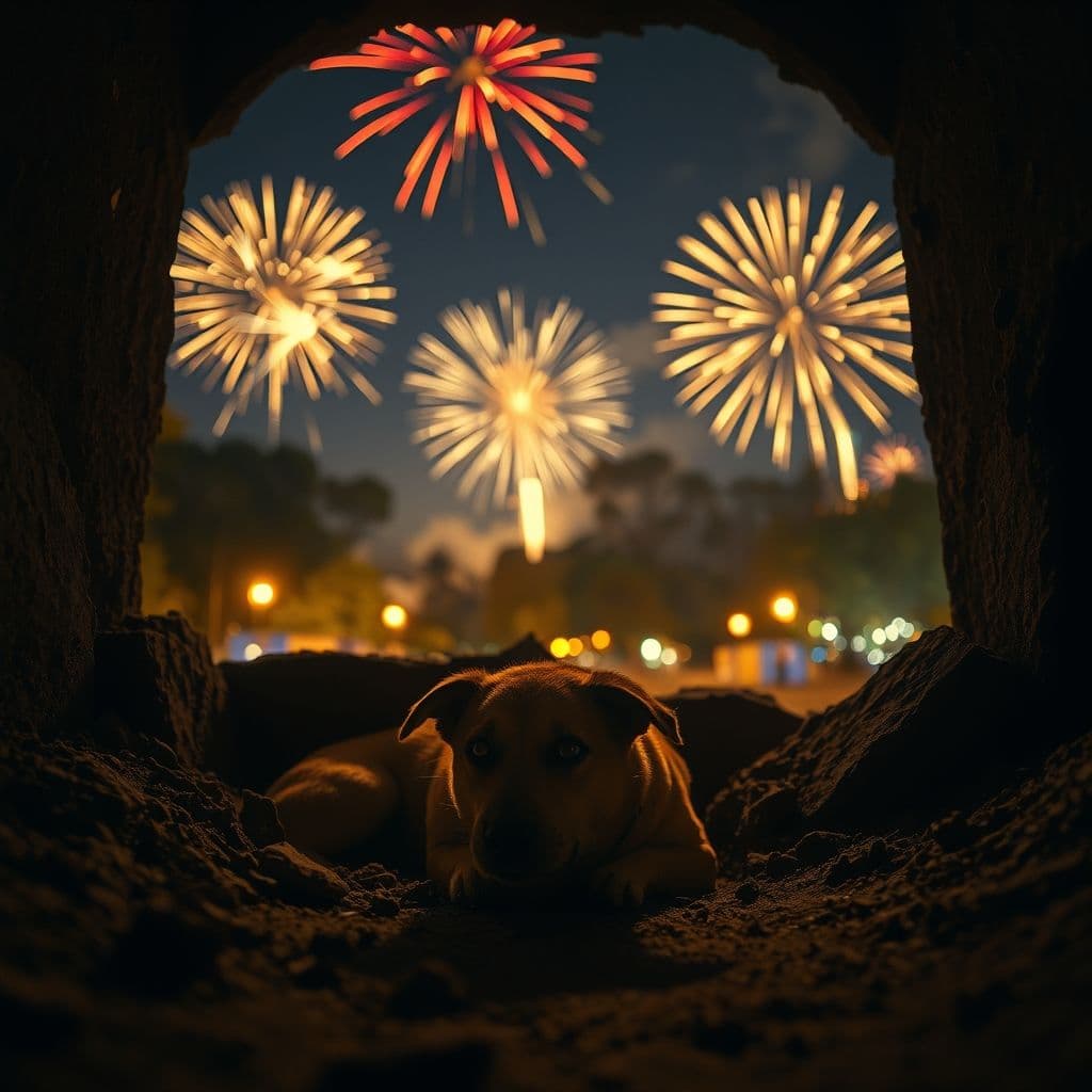 Perro asustado por ruido de petardos durante festividades