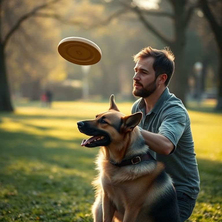 Hombre y perro realizando ejercicios de adiestramiento en un parque, con juguete en el suelo