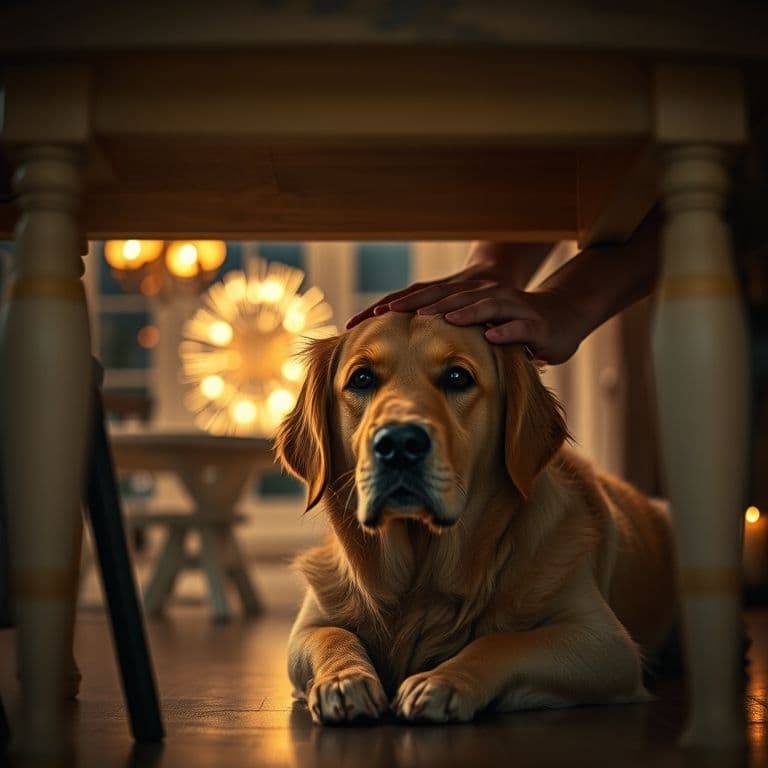 Perro asustado durante fuegos artificiales siendo consolado por su dueño