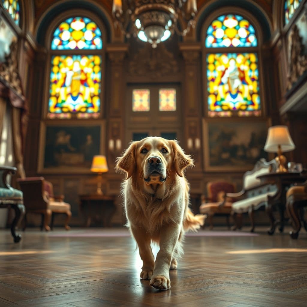 Perro ciego caminando con confianza en un entorno familiar y ordenado.