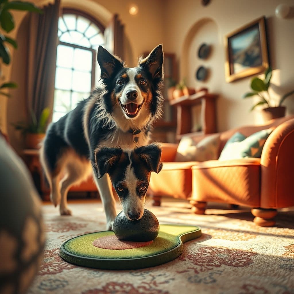 Perro jugando con alfombra olfativa en casa, concentrado buscando premios