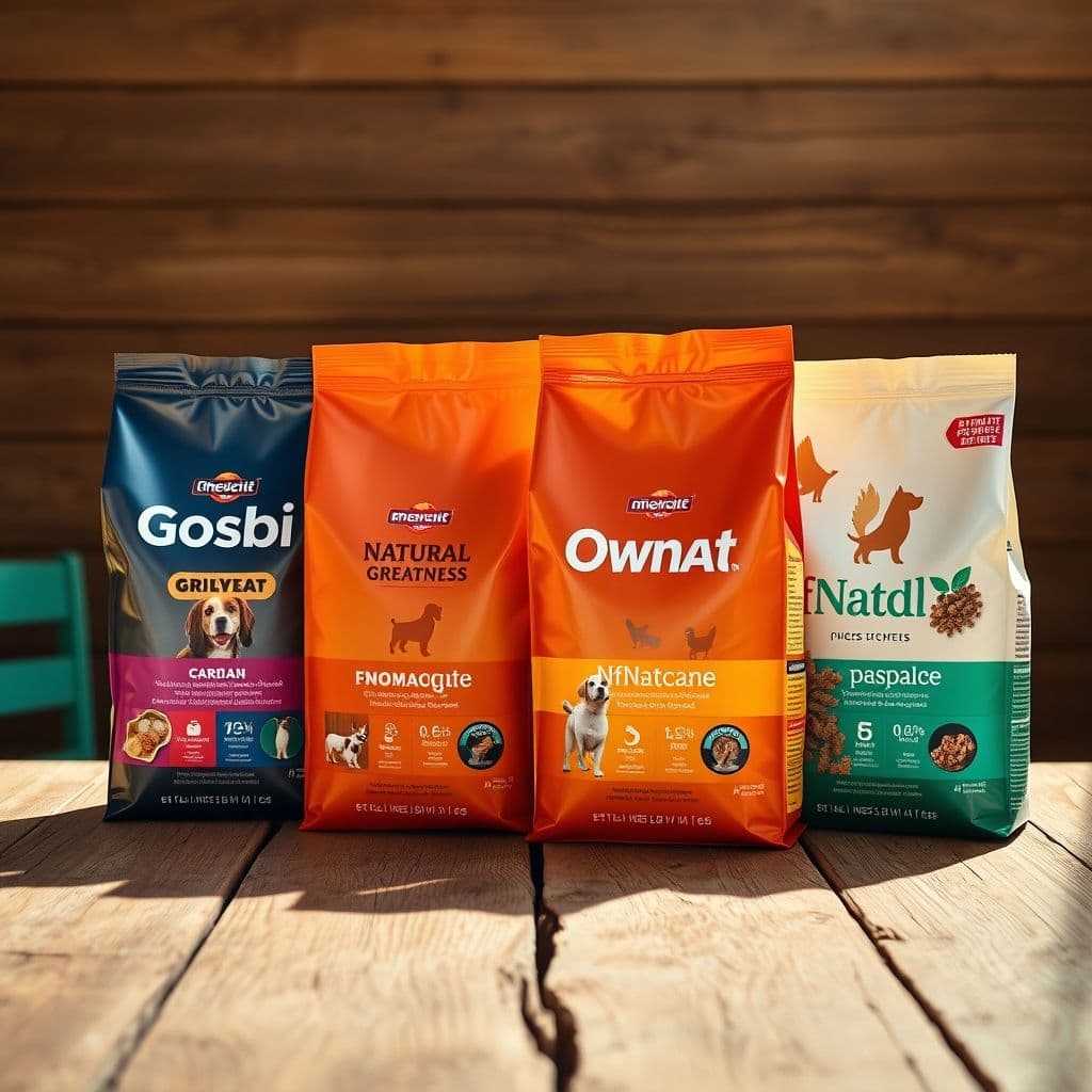 Cuatro bolsas de pienso de diferentes marcas españolas alineadas