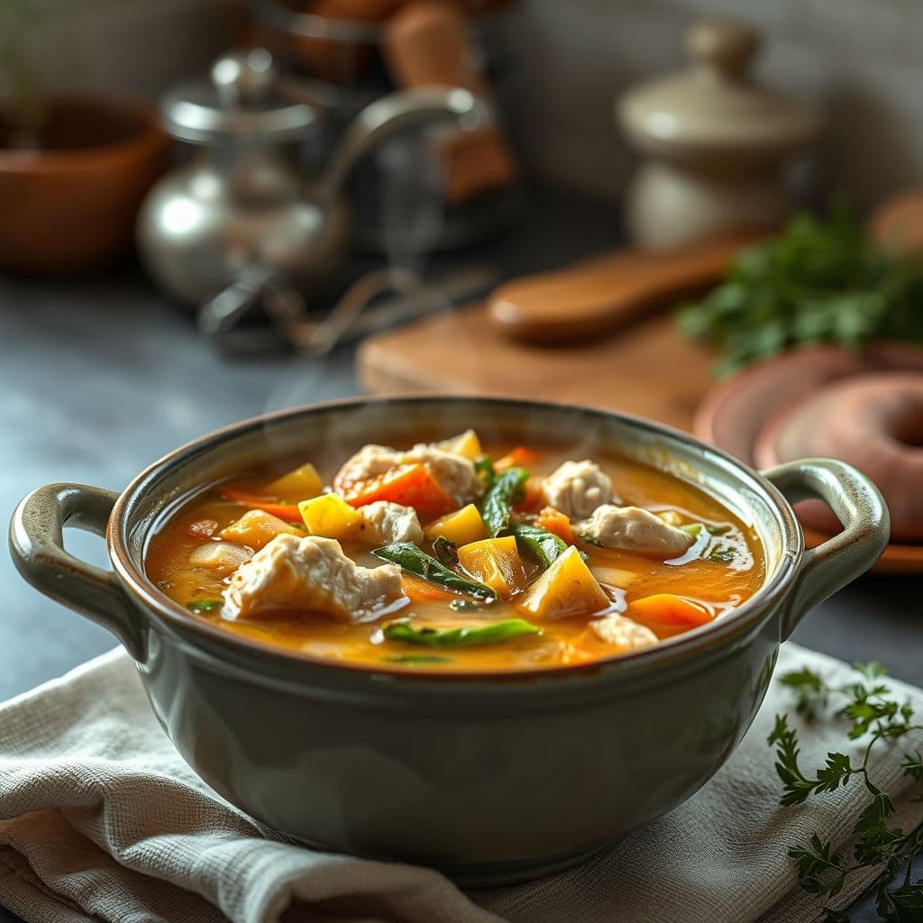 Sopa casera de pollo y verduras para perros senior en bowl de cerámica