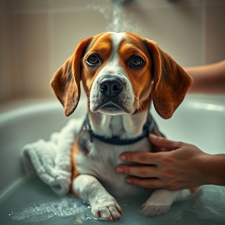 Dueño secando cuidadosamente a un cachorro con toallas suaves después del baño
