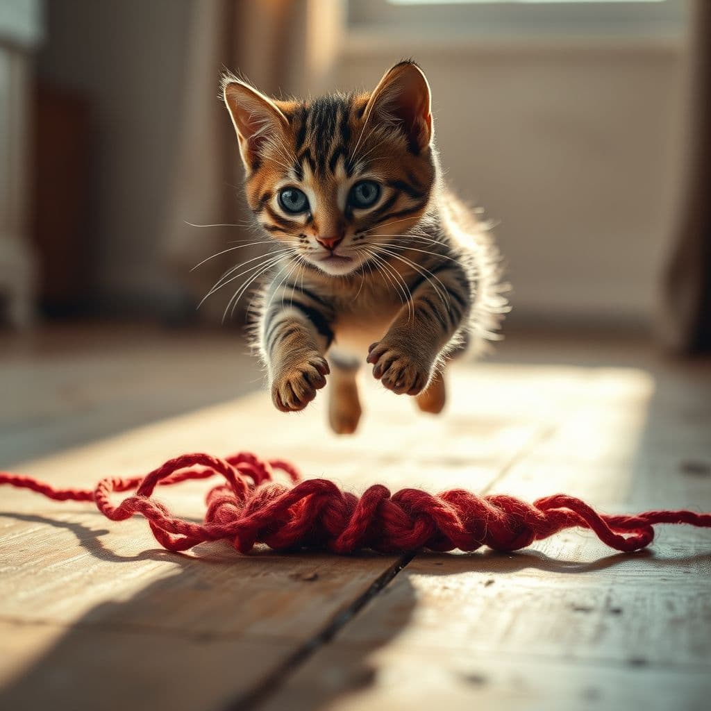 Gatito juguetón persiguiendo un cordel rojo en el suelo de madera