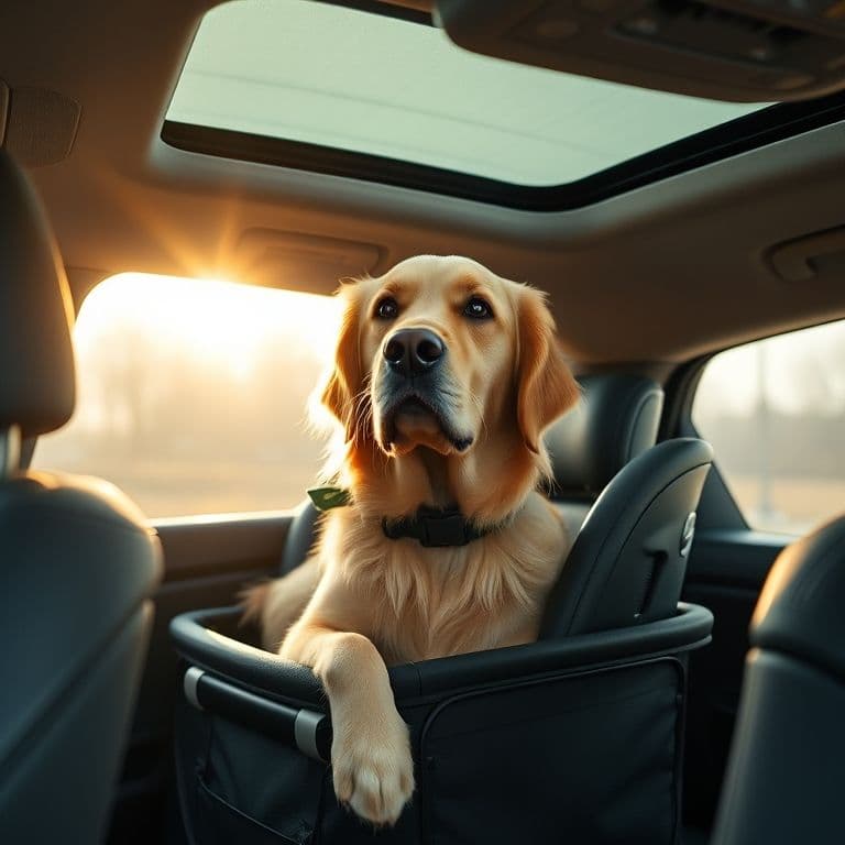 Perro golden retriever seguro en transportín homologado dentro de un coche familiar
