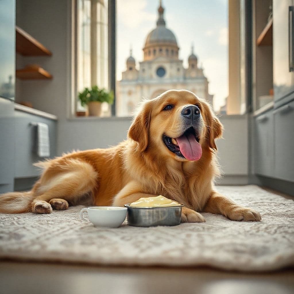 Perro feliz usando tapete lamedor con yogur griego en cocina moderna