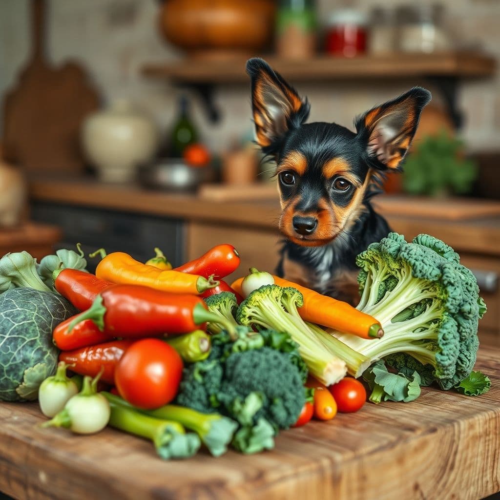 Variedad de verduras frescas como zanahorias, calabacines y brócoli para perros.