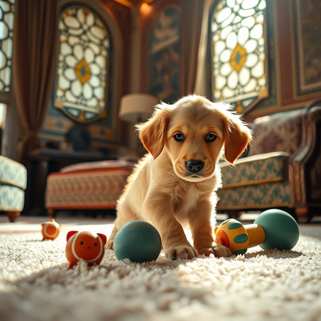 Cachorro golden retriever jugando con juguetes en casa
