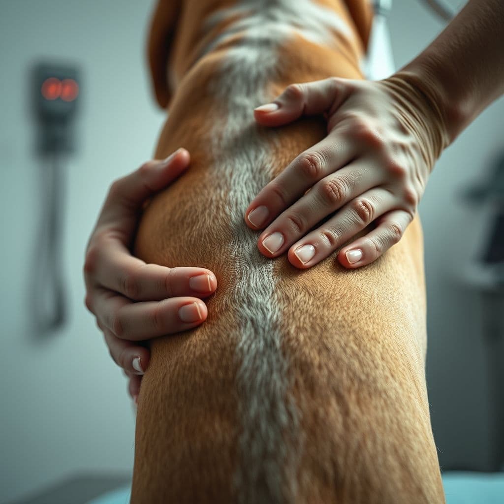 Veterinario realizando palpación espinal en perro para detectar dolor