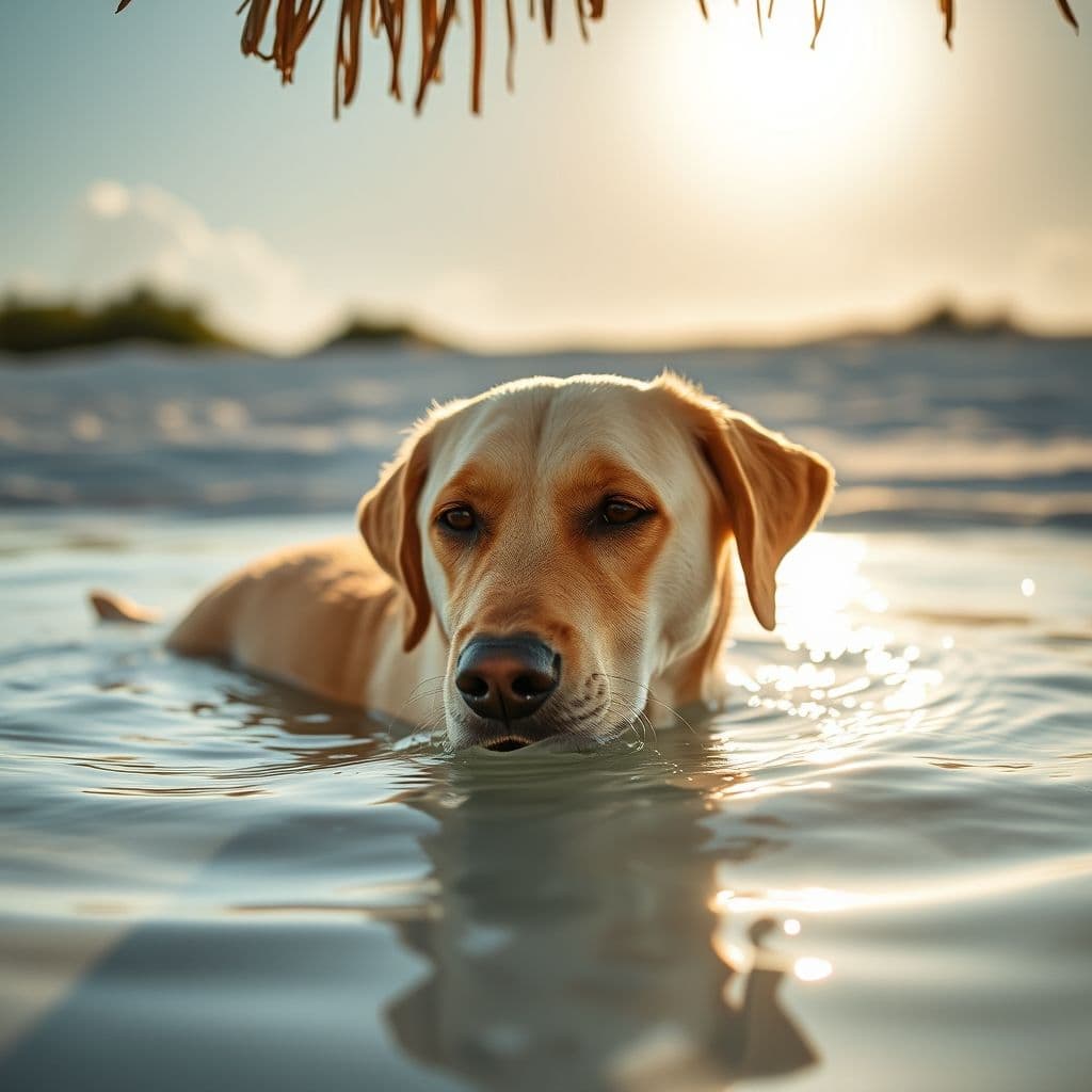 Perro bebiendo agua bajo una sombrilla en la playa
