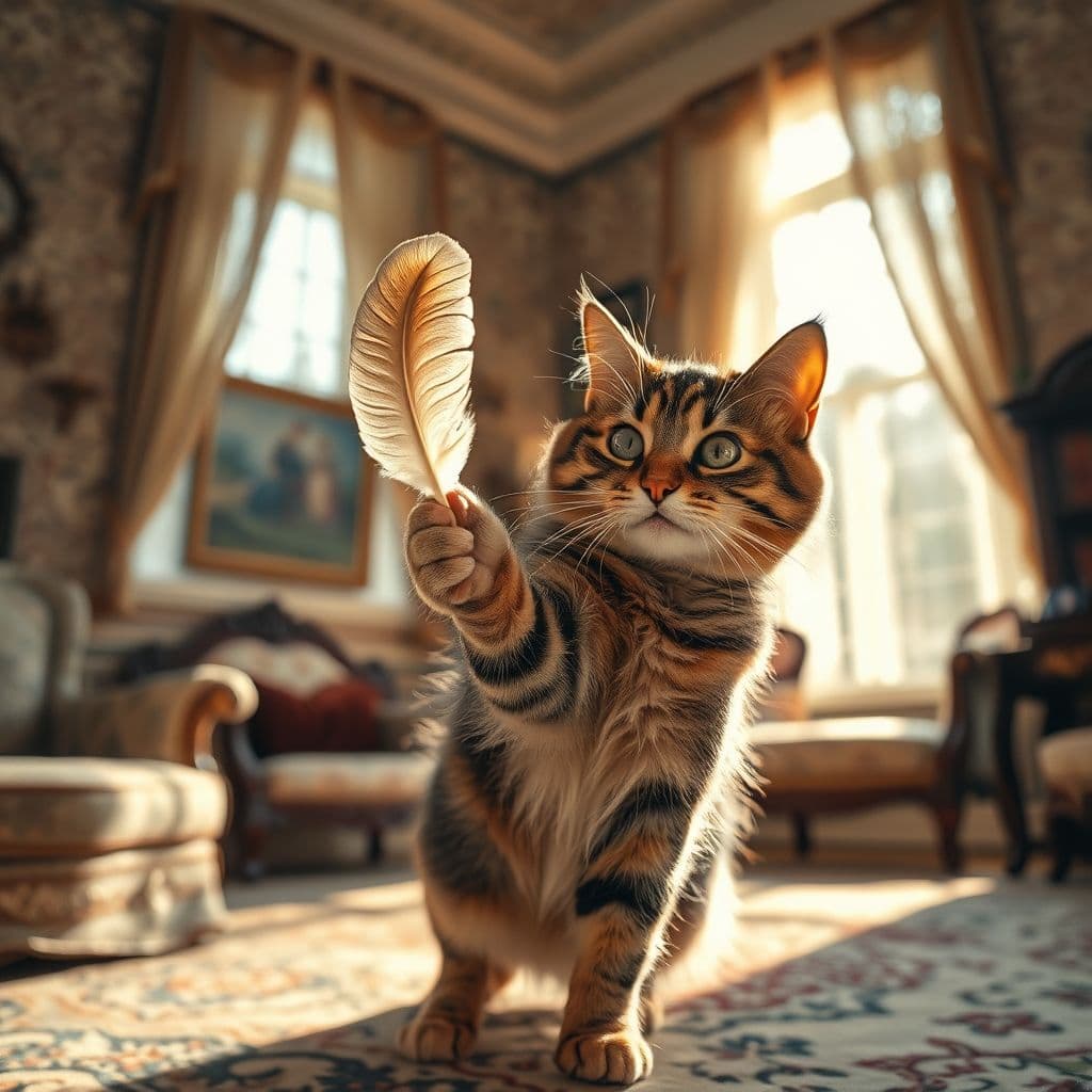 Gato jugando con un juguete de plumas en un ambiente hogareño.