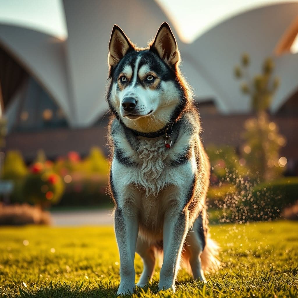 Perro de raza con doble capa de pelaje siendo refrescado en patas y vientre bajo el sol de verano