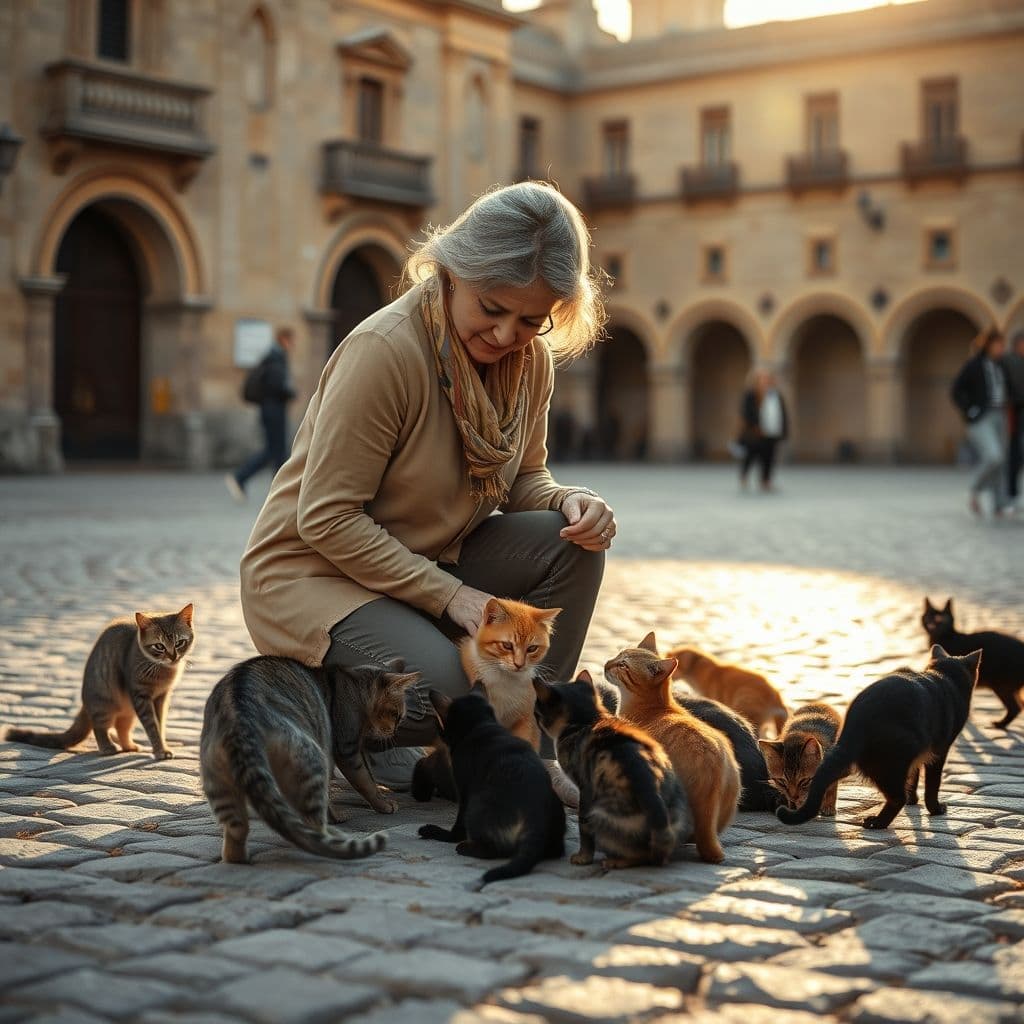 Alimentadora dando comida a gatos callejeros en Torreblanca