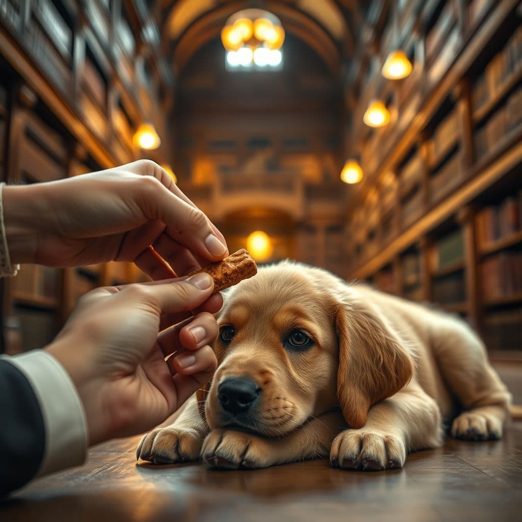 Dueño guiando a perro hacia posición tumbada con premio en mano