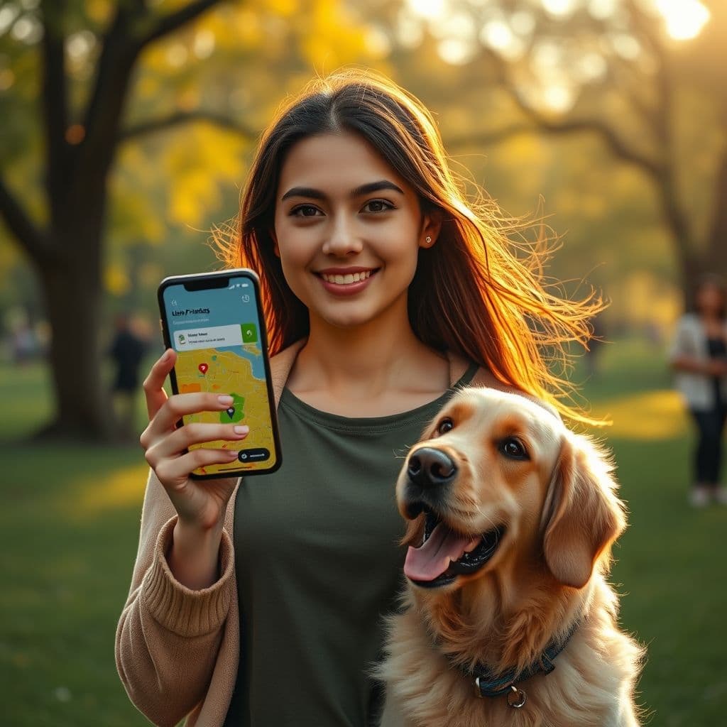 Persona usando smartphone con la aplicación Friendog mientras pasea a su perro en un parque