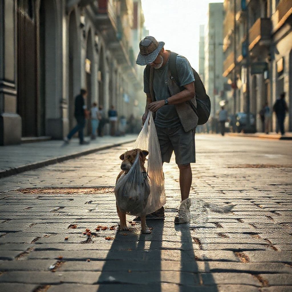 Dueño de perro recogiendo los excrementos de su mascota en la calle como solución responsable
