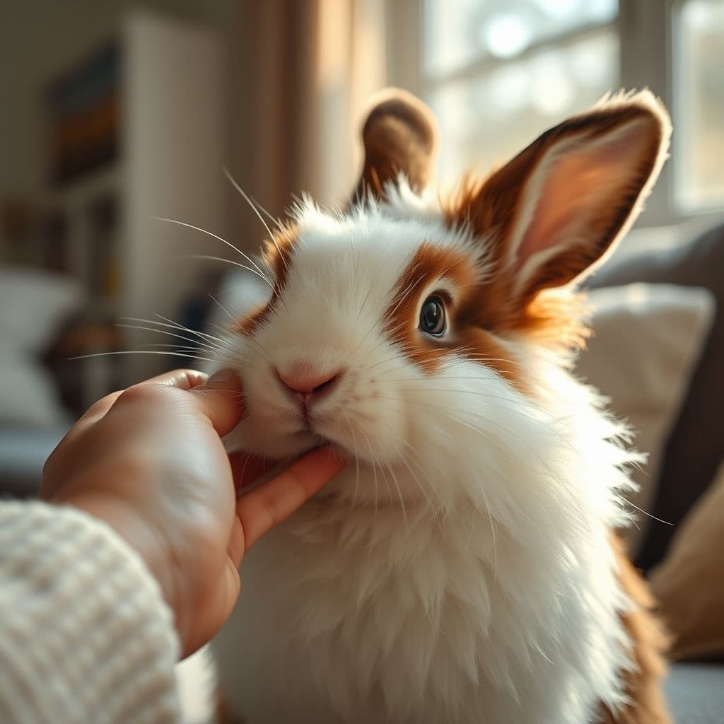 Conejo blanco y marrón siendo acariciado por su dueño en un ambiente cálido y familiar