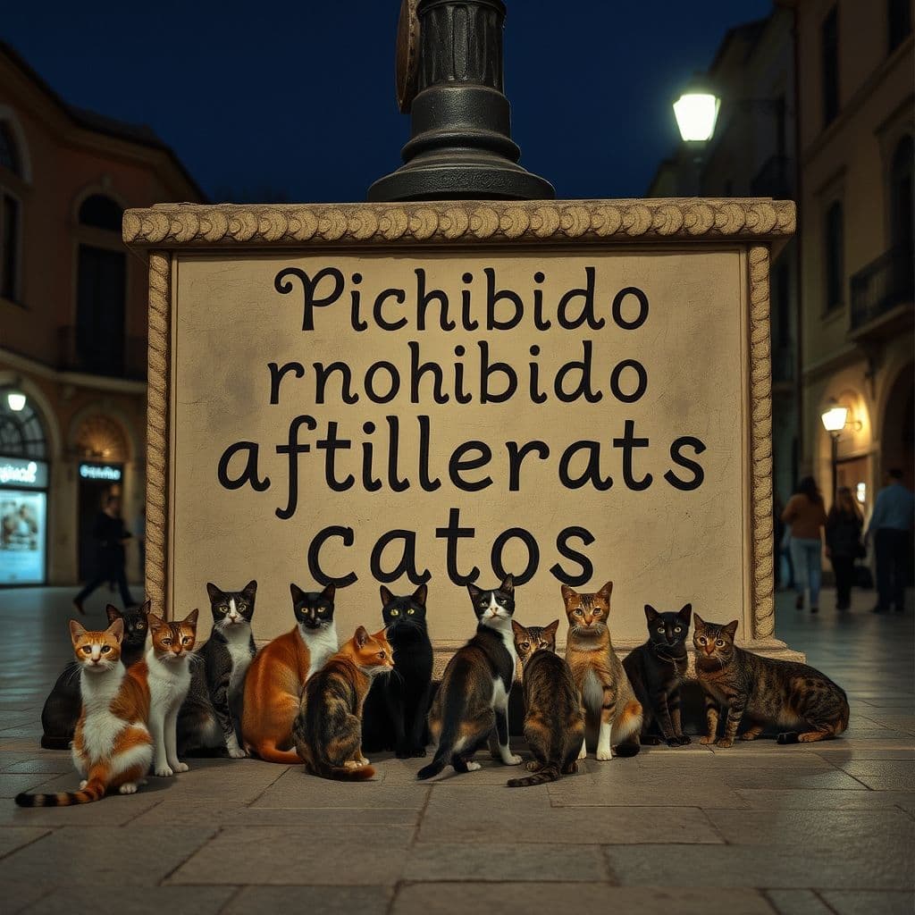 Cartel municipal prohibiendo alimentar gatos callejeros en un pueblo español