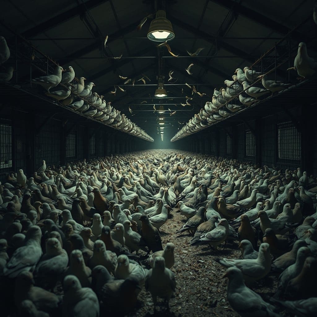 Interior de criadero clandestino con jaulas apiladas y agapornis en condiciones precarias